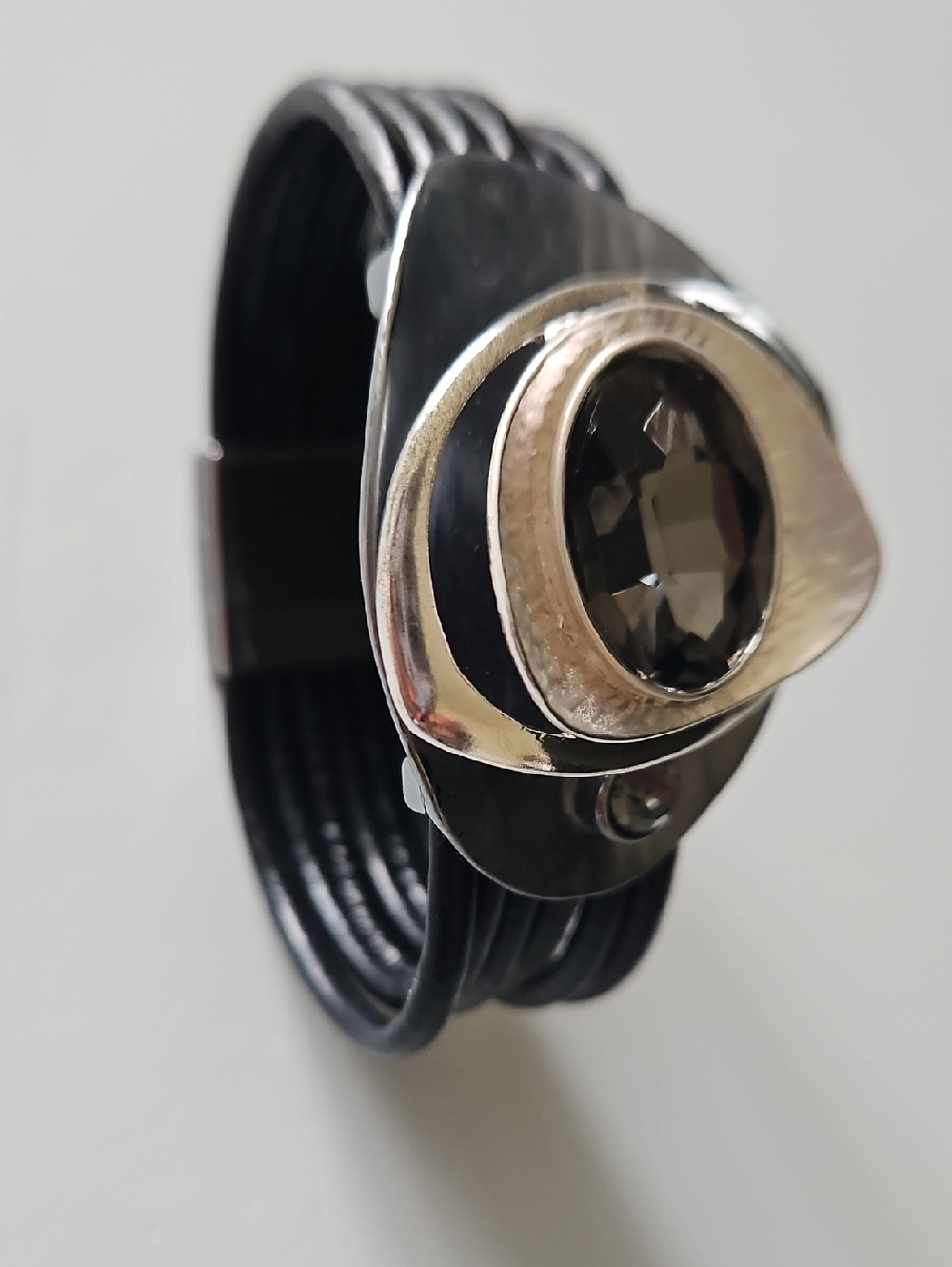 Black Leather Multi-Strand Bracelet with Faceted Smoky Crystal Accent